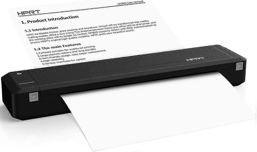 HPRT MT800 - Imprimante Portable (iOS & Android) - Impression papier classique format A4 (120g) Taille Mini - Noir & Blanc. Bluetooth avec Smartphone. USB avec pc/Mac